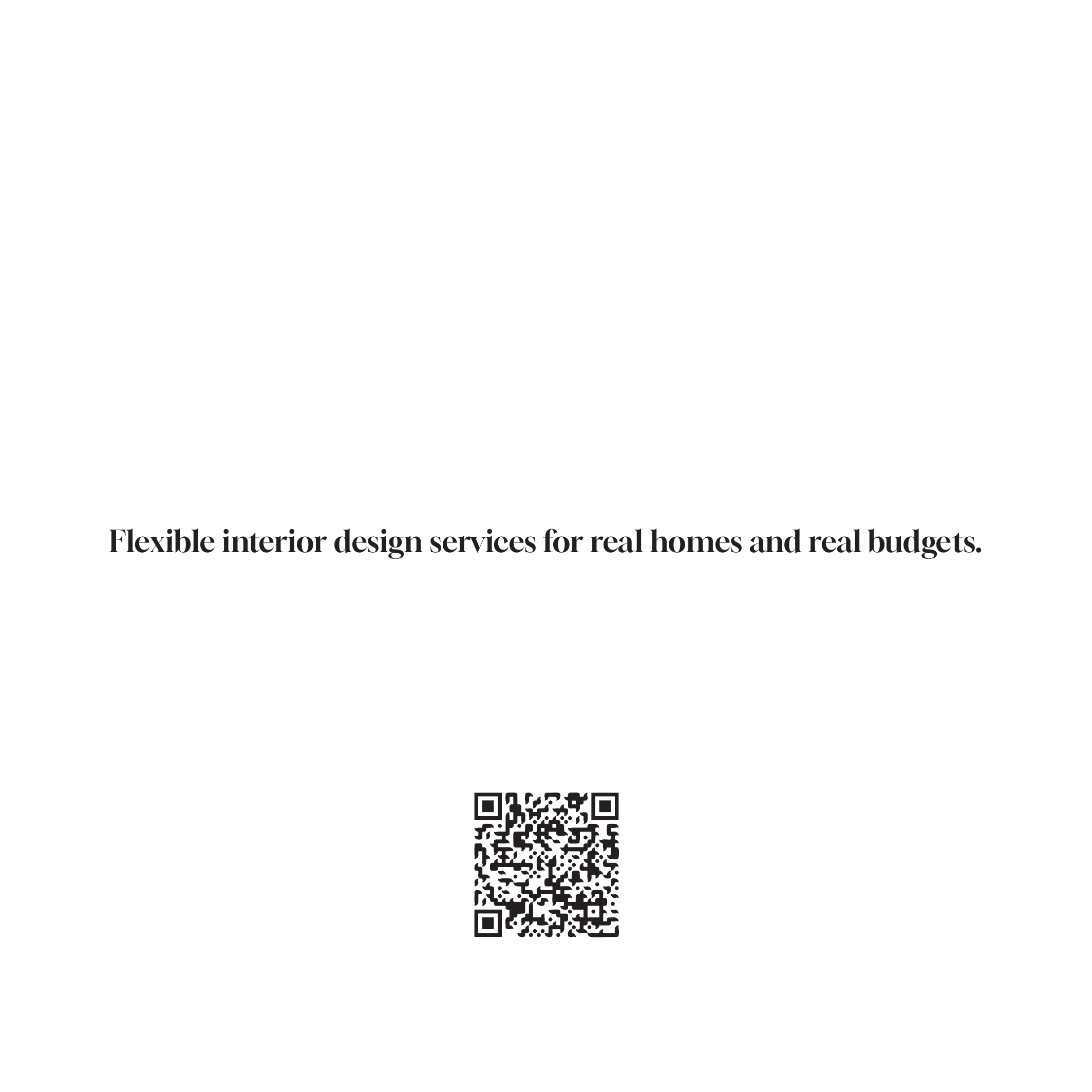 ELI flyer — back side showing 'Flexible interior design services for real homes and real budgets.' with QR code