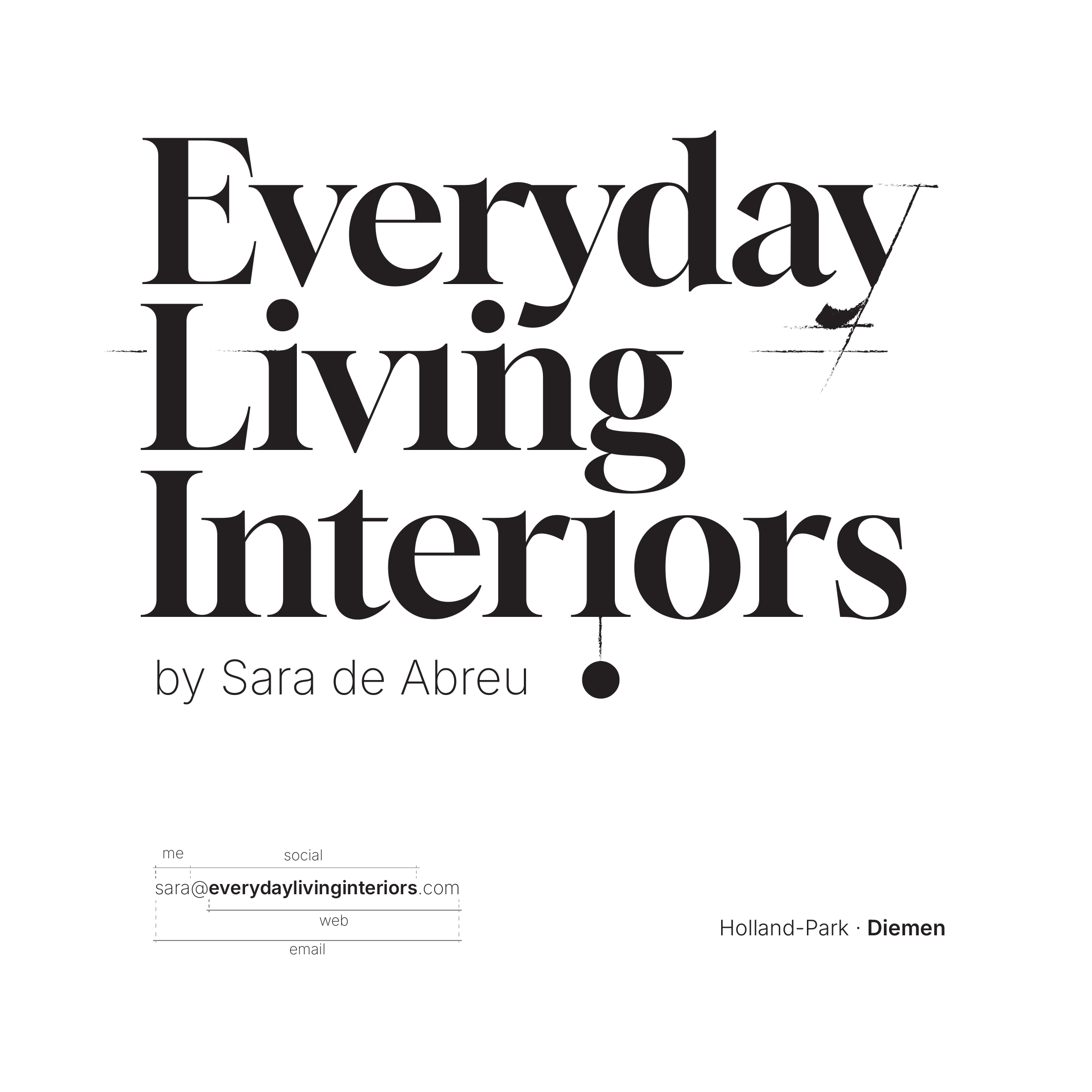 ELI flyer — front side showing brand name in large Gloock serif typography, 'by Sara de Abreu', contact details, and 'Holland-Park · Diemen'